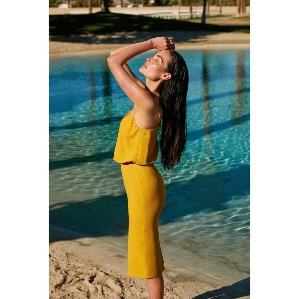 DRESS THE POPULATION Alondra‎ Blouson Sheath Dress in Marigold Size X-Small